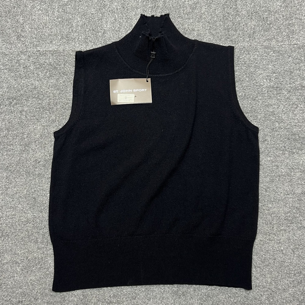 St. John Cashmere Sweater Vest Womens Medium Black 100% Cashmere Mock Neck $375